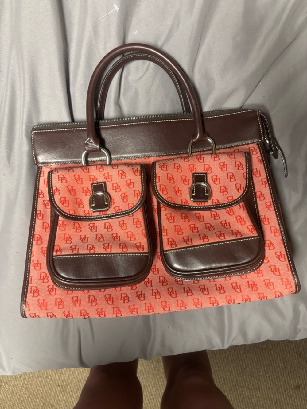 Dooney & Bourke Red Logo Tote with Brown Leather Trim